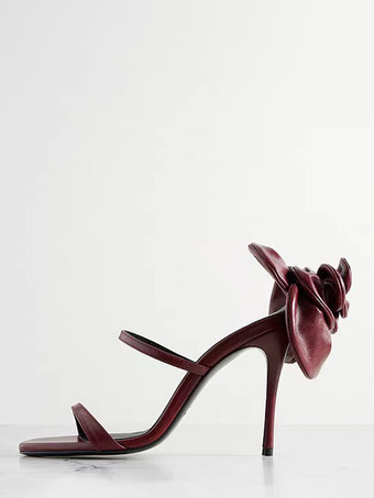 カベルネハイヒールサンダル レディース オープントゥ ストラップ フラワーディテール パーティーシューズ