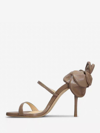 ディープアプリコットハイヒールサンダル レディース オープントゥ ストラップ フラワーディテール パーティーシューズ