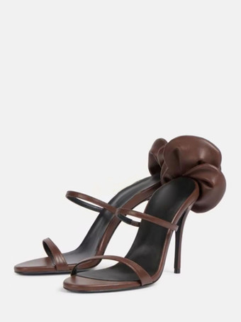 ブラウン ハイヒールサンダル レディース オープントゥ ストラップ フラワーディテール パーティーシューズ