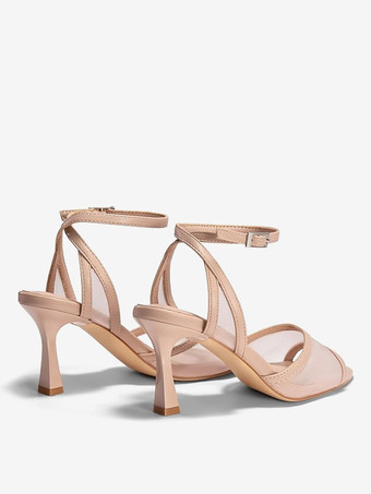 ヌードハイヒールサンダル メッシュ オープントゥ アンクルストラップサンダル レディース
