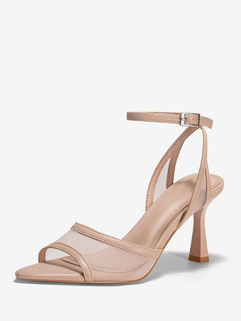 肌色ヌードハイヒールサンダル メッシュ オープントゥ アンクルストラップサンダル レディース