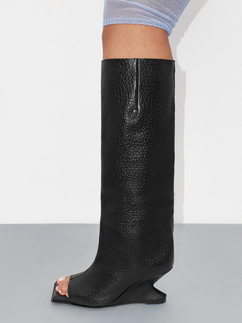 ブラック 赤いニーハイブーツ、つま先が見えるデザインヒール、膝丈ブーツ