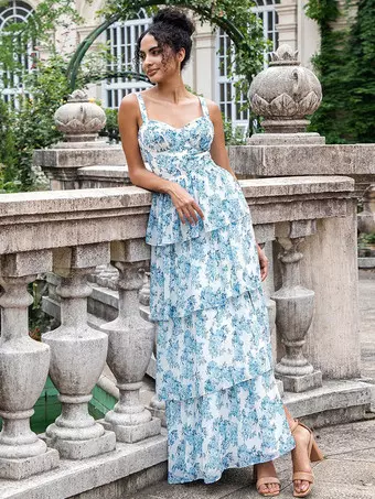 blue floral layered dress Sunnypetal Enchanting Pastel Blue Floral Layered Puff Sleeve Flower Gi –  sunnypetal main image 1