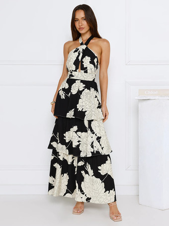 特別なイベントにぴったりの、ホルターネックとレイヤードスカートが映えるフローラル柄マキシドレス 2025