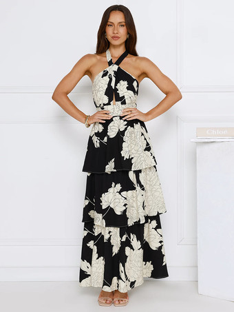 特別なイベントにぴったりの、ホルターネックとレイヤードスカートが映えるフローラル柄マキシドレス 2025