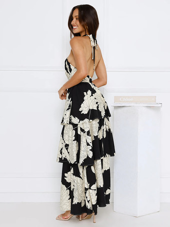 特別なイベントにぴったりの、ホルターネックとレイヤードスカートが映えるフローラル柄マキシドレス 2025