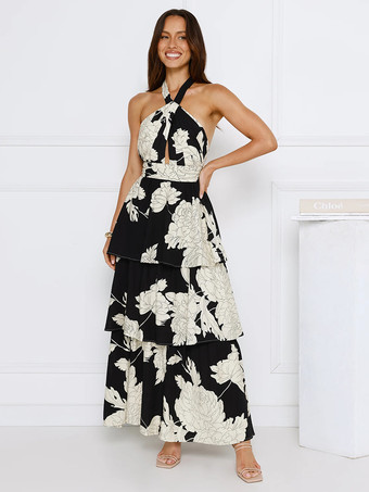 ブラック 特別なイベントにぴったりの、ホルターネックとレイヤードスカートが映えるフローラル柄マキシドレス 2025