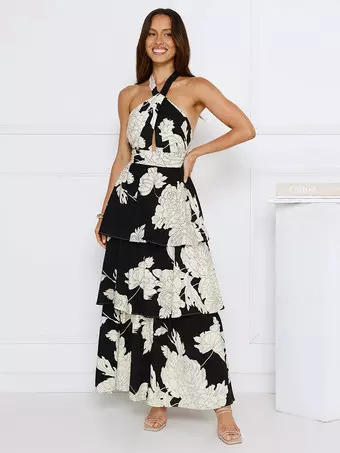 knee length dresses for ladies Opulent Halterneck Layered Maxi Dress Black main image 0