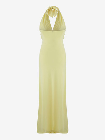 2025年夏のイベントにぴったりのバターイエローのホルターネックフリルマキシドレス