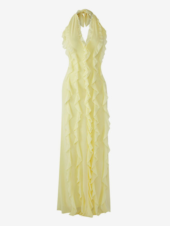 2025年夏のイベントにぴったりのバターイエローのホルターネックフリルマキシドレス