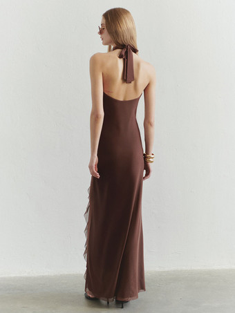 2025年夏のイベントにぴったりのバターイエローのホルターネックフリルマキシドレス