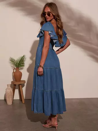 white christmas dresses My Way One Shoulder Denim Maxi Dress – A-Line Midi Dress with Front Po –  VmB Boutique main image 0