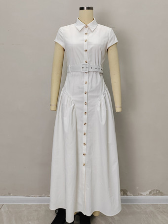 様々なシーンに活躍するベルト付きウエストのホワイトシャツマキシドレス 2025
