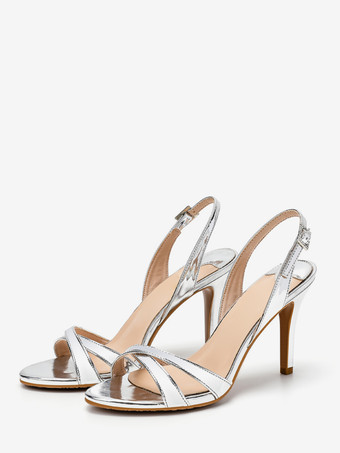 シルバー シルバーハイヒールパーティーシューズオープントゥスティレットヒールサンダルシューズ