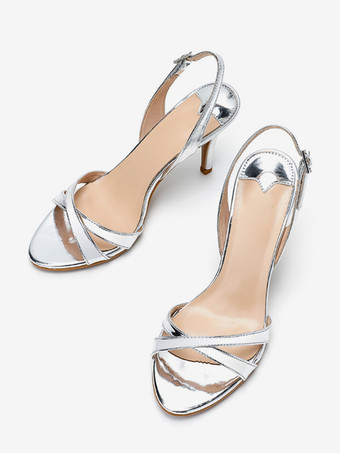 シルバーハイヒールパーティーシューズオープントゥスティレットヒールサンダルシューズ