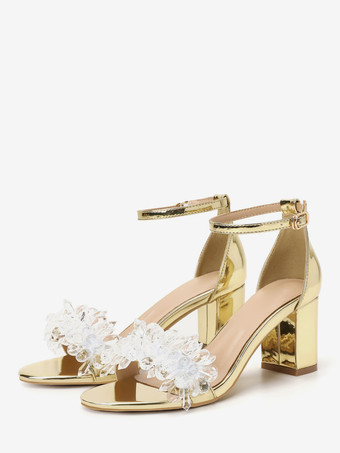 ゴールド シルバーのパーティーシューズ、オープントゥ、ラインストーン、チャンキーヒール、ブライズメイドシューズ