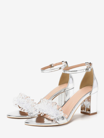 シルバー シルバーのパーティーシューズ、オープントゥ、ラインストーン、チャンキーヒール、ブライズメイドシューズ