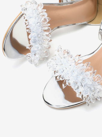 シルバーのパーティーシューズ、オープントゥ、ラインストーン、チャンキーヒール、ブライズメイドシューズ