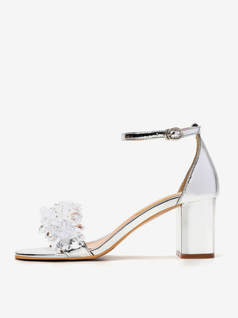 シルバーのパーティーシューズ、オープントゥ、ラインストーン、チャンキーヒール、ブライズメイドシューズ