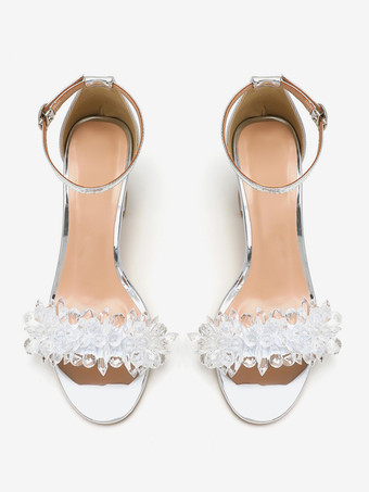 シルバーのパーティーシューズ、オープントゥ、ラインストーン、チャンキーヒール、ブライズメイドシューズ