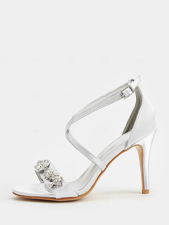 ホワイト サテンのウェディングシューズ オープントゥ ラインストーン ハイヒール 花嫁の母の靴