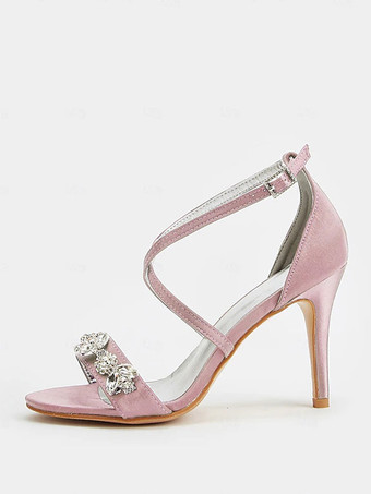 ピンクサテンのウェディングシューズ オープントゥ ラインストーン ハイヒール 花嫁の母の靴