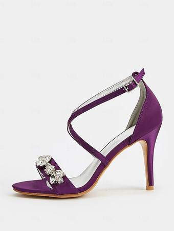 パープル サテンのウェディングシューズ オープントゥ ラインストーン ハイヒール 花嫁の母の靴