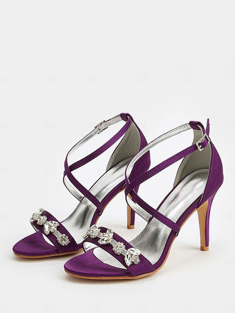 サテンのウェディングシューズ オープントゥ ラインストーン ハイヒール 花嫁の母の靴