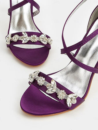 サテンのウェディングシューズ オープントゥ ラインストーン ハイヒール 花嫁の母の靴