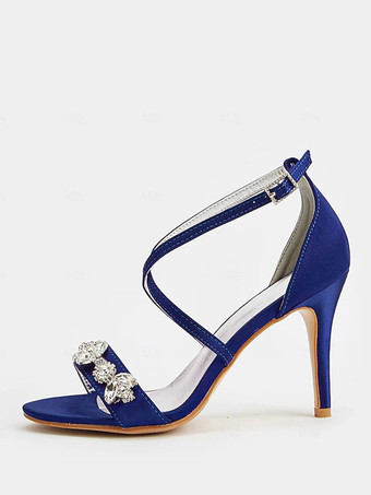 ブルー サテンのウェディングシューズ オープントゥ ラインストーン ハイヒール 花嫁の母の靴