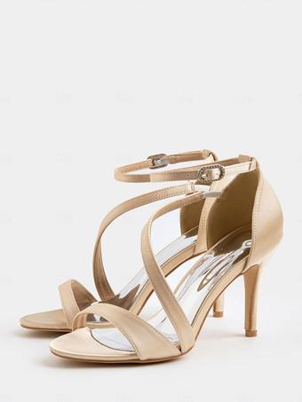 アプリコットサテンのブライズメイドシューズ、オープントゥ、ストラップ付きハイヒール、パーティーシューズ