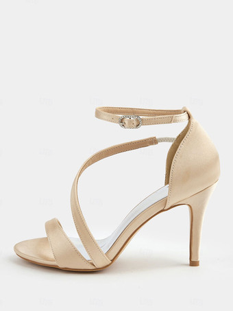 サテンのブライズメイドシューズ、オープントゥ、ストラップ付きハイヒール、パーティーシューズ