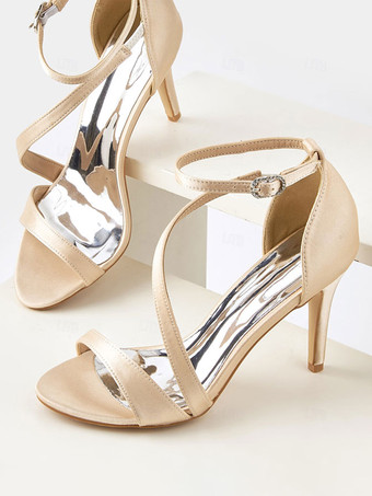 サテンのブライズメイドシューズ、オープントゥ、ストラップ付きハイヒール、パーティーシューズ