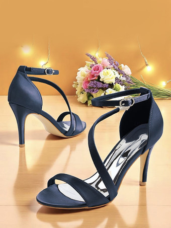 ディープブルーサテンのブライズメイドシューズ、オープントゥ、ストラップ付きハイヒール、パーティーシューズ