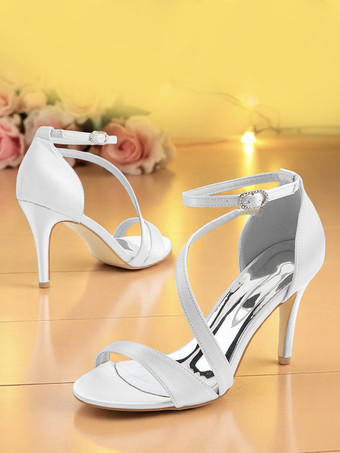 ホワイト サテンのブライズメイドシューズ、オープントゥ、ストラップ付きハイヒール、パーティーシューズ