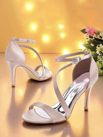 ピンクサテンのブライズメイドシューズ、オープントゥ、ストラップ付きハイヒール、パーティーシューズ