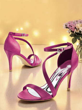 ワインレッド サテンのブライズメイドシューズ、オープントゥ、ストラップ付きハイヒール、パーティーシューズ