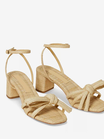 レディース チャンキーヒールサンダル リボン オープントゥ アンクルストラップサンダル シューズ