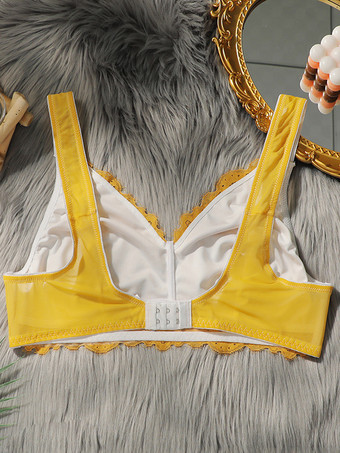 プラスサイズブラ ワイヤレス プッシュアップ イエロー フルカバー カジュアル ストレッチ 花柄 レース ランジェリー