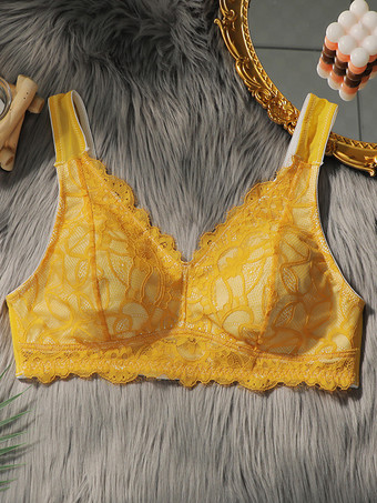 プラスサイズブラ ワイヤレス プッシュアップ イエロー フルカバー カジュアル ストレッチ 花柄 レース ランジェリー