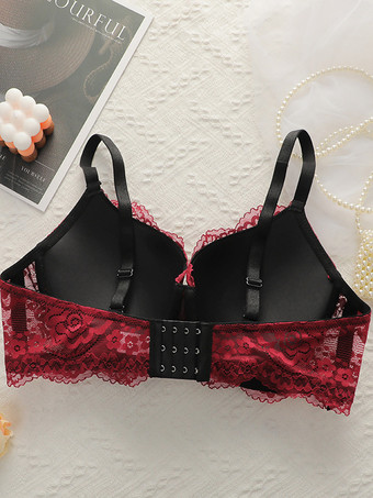 プラスサイズブラジャー 調節可能 ギャザー プッシュアップ ワイヤー入り ビスチェ レッド 花柄 ポリエステル カジュアル レース ランジェリー