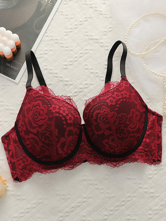 プラスサイズブラジャー 調節可能 ギャザー プッシュアップ ワイヤー入り ビスチェ レッド 花柄 ポリエステル カジュアル レース ランジェリー