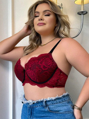 レッド プラスサイズブラジャー 調節可能 ギャザー プッシュアップ ワイヤー入り ビスチェ レッド 花柄 ポリエステル カジュアル レース ランジェリー