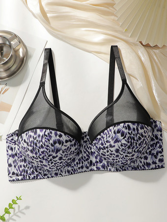 ブルー プラスサイズランジェリー フルカバービスチェ ヒョウ柄 ポリエステル シームレス アンダーワイヤーランジェリー