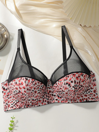 レッド プラスサイズランジェリー フルカバービスチェ ヒョウ柄 ポリエステル シームレス アンダーワイヤーランジェリー