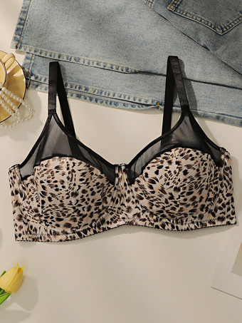 プラスサイズランジェリー フルカバービスチェ ヒョウ柄 ポリエステル シームレス アンダーワイヤーランジェリー