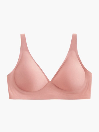 ピンクシームレスブラジャー 効果を最小限に抑える スリミング下着 深いVネック ワイヤレス 圧縮サポート 薄型 ソフトサポート 快適 ライト アプリコット ポリエステル ランジェリー