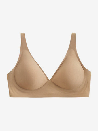 ディープアプリコットシームレスブラジャー 効果を最小限に抑える スリミング下着 深いVネック ワイヤレス 圧縮サポート 薄型 ソフトサポート 快適 ライト アプリコット ポリエステル ランジェリー