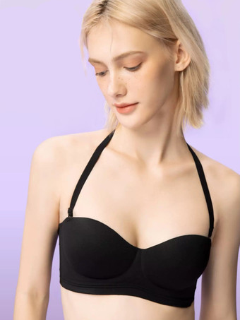 ブラック フルカバーミニマイザーブラ、インビジブルストラップレスホルターネックブラ、ビスチェ、ブラックポリエステルランジェリー