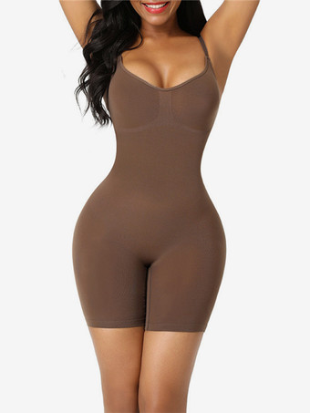 ブラウン ワンピースボディシェイパー お腹シェイプ スリミングアームリフト 下着 ボディスーツ シェイプウェア ライトアプリコット ノースリーブ ストラップ ネックシェイプウェア